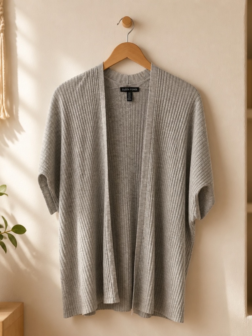 Eileen Fisher Light Gray Ribbed Open-Front Short-Sleeve Cardigan